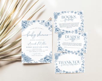 Toile De Jouy Blue Baby Shower Invitation, Blue Baby Shower Bundle, Vintage Elegant Chinoiserie, Blue Floral Baby Invitation Boy Baby Shower