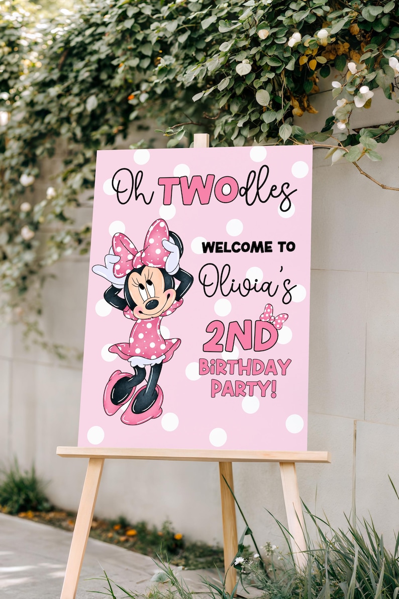 Oh Twodles födelsedagsvälkomstskylt Redigerbar Minnie 2-års födelsedagsskylt Söt mus andra födelsedag Oh Twodles inbjudan Boho flicka Minnie inbjudan bild 2