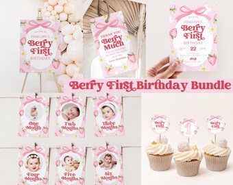 Berry First Birthday Bundle Strawberry 1st Birthday Invite Pink Bow Girls First Birthday Boho Strawberry Bundle Coquette 1st Birthday Party