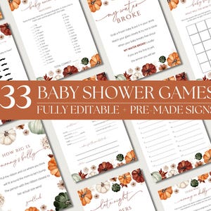 May include: A selection of baby shower game printables with autumnal designs. The games feature watercolor pumpkins and leaves. The text reads "33 Baby Shower Games Fully Editable + Pre-Made Signs". Games include "Baby Traits", "Matching", and "My Water Broke".