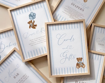Teddy Bear Baby Shower Sign Set, We Can Bearly Wait Baby Shower Sign Bundle, Editable Baby Shower Signs, Blue Stripe Baby Boy Shower Decor