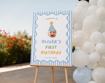 Fun to Be One Birthday Welcome Sign, One is Fun Party Hat Birthday Sign, Colorful Boy First Birthday Sign, Custom Photo 1st Birthday