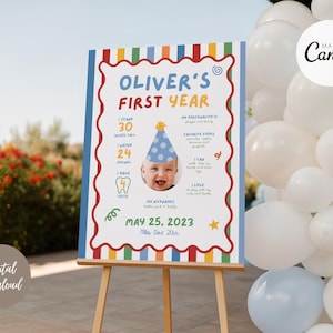 K&ouml;nnte beinhalten: Ein farbenfrohes Schild auf einer Staffelei mit dem Text "Oliver's First Year". Das Schild enth&auml;lt ein Foto eines Babys mit Partyhut, mit Details zu Gr&ouml;&szlig;e, Gewicht und Lieblingsspeisen des Babys. Das Schild ist ein digitaler Download.