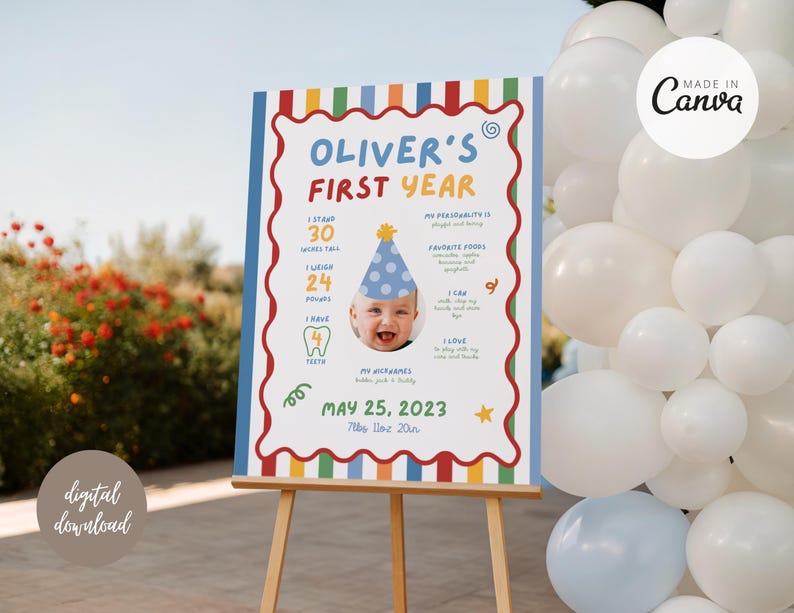K&ouml;nnte beinhalten: Ein farbenfrohes Schild auf einer Staffelei mit dem Text "Oliver's First Year". Das Schild enth&auml;lt ein Foto eines Babys mit Partyhut, mit Details zu Gr&ouml;&szlig;e, Gewicht und Lieblingsspeisen des Babys. Das Schild ist ein digitaler Download.