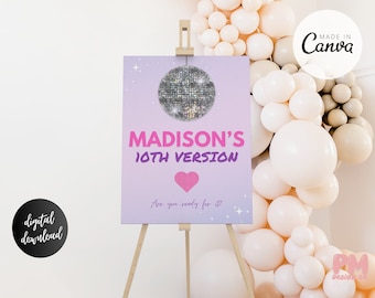 May include: A purple and pink digital sign with a silver disco ball, the text "MADISON'S 10TH VERSION" and the phrase "Are you ready for it?"