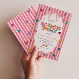 Speelse uitnodiging voor een verjaardagsfeest met edelstenen, sprankelende uitnodiging voor een meisjesverjaardag, kleurrijk juwelenfeest, uitnodiging voor een feest met een Y2K-losgeldbrief.