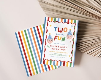 Twin Boys Birthday Invite, Fun To be Two Party Hat Birthday, Colorful Twins 2nd Birthday Invite, Custom Photo Two Times the Fun Invite