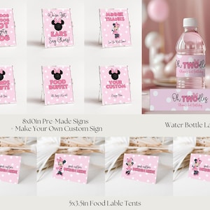May include: Pink party decorations featuring Minnie Mouse designs. Includes pre-made signs, water bottle labels, and food label tents. The signs have phrases like "Hot Dog," "Cards & Gifts," and "Food Buffet."