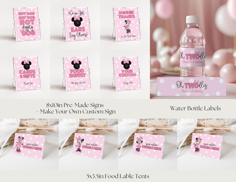 May include: Pink party decorations featuring Minnie Mouse designs. Includes pre-made signs, water bottle labels, and food label tents. The signs have phrases like "Hot Dog," "Cards & Gifts," and "Food Buffet."