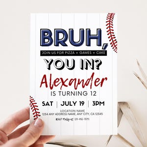 Etsy listing for a Baseball Birthday Invitation with a bold, modern teen design. The invitation has a white background styled like baseball pinstripes with red stitching along the edges. The text reads in large playful fonts: “BRUH, You In?”. The colors are navy blue, red, and black, giving it a sporty, energetic look. Perfect for a teen or tween boy’s birthday party with a baseball or sports theme.