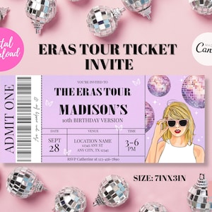 May include: A digital download invitation ticket with the text "ERAS TOUR TICKET INVITE". The ticket is lavender with a graphic of a blonde woman wearing sunglasses. The ticket is 7 inches by 3 inches.