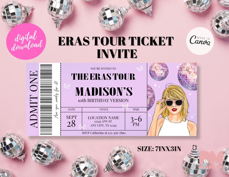 May include: A digital download invitation ticket with the text "ERAS TOUR TICKET INVITE". The ticket is lavender with a graphic of a blonde woman wearing sunglasses. The ticket is 7 inches by 3 inches.