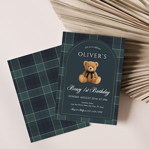 May include: A navy blue and green plaid invitation with the text "OLIVER'S" and "Beary 1st Birthday". A teddy bear illustration is centered above the text. The invitation is for a first birthday celebration.