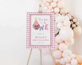 Fun to Be One Birthday Welcome Sign, One is Fun Party Hat Birthday Sign, Colorful Girl First Birthday Sign, Custom Photo 1st Birthday