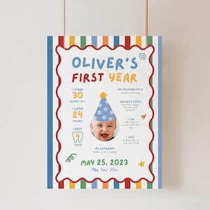 以下が含まれることがあります： 「Oliver's First Year」の文字が入った、カラフルな1歳の誕生日ポスター。パーティーハットをかぶった赤ちゃんの写真、身長（76cm）、体重（10.9kg）、生年月日（2023年5月25日）などの詳細が記載されています。