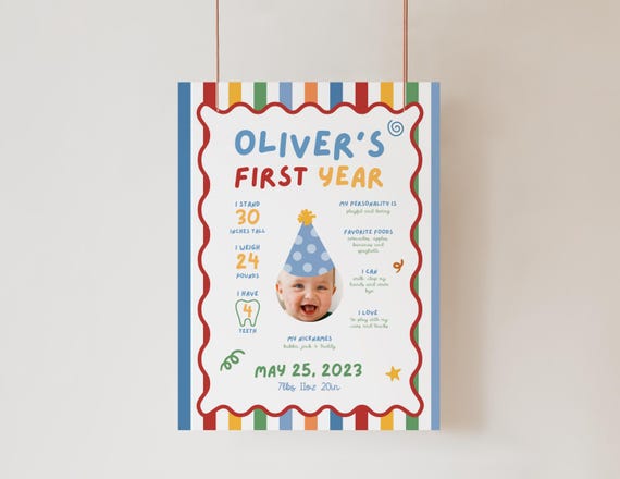 Fun to Be One Birthday Milestone Sign, One is Fun Party Hat Birthday Sign, Colorful Boy First Birthday Sign, Custom Photo 1st Birthday