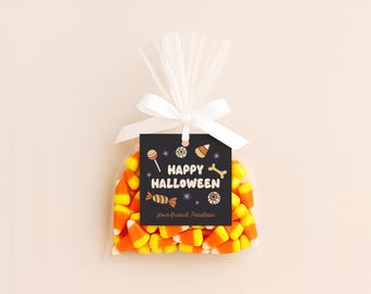 Happy Halloween Gift Tags Printable, Halloween Treat Tags, No Tricks Just Treats, Candy Favor Tags, Editable Name Classroom Halloween Tags