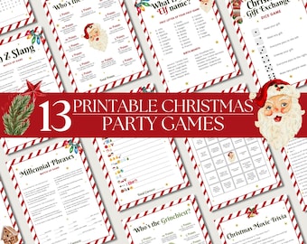 May include: A collection of 13 printable Christmas party games. The games include trivia, matching, and other fun activities. The design features a red and white candy cane stripe border with festive illustrations and text.