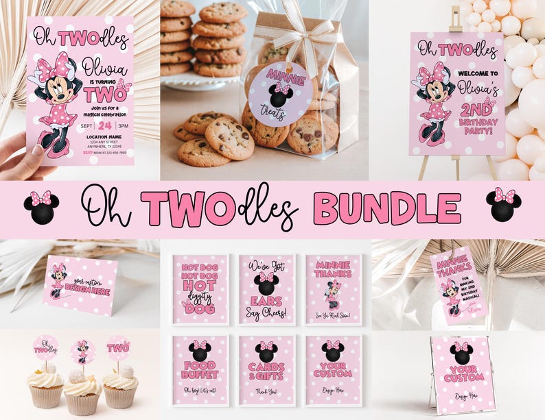 Oh Twodles birthday party bundle in pink Minnie Mouse theme, designed for a girl’s 2nd birthday. Includes printable invitation, welcome sign, favor tags, food buffet labels, cards and gifts sign, cupcake toppers, and thank-you cards. Decor features pink polka dots, Minnie silhouettes with bows, and playful fonts. Cute, fun, and girly, perfect for second birthday celebrations.