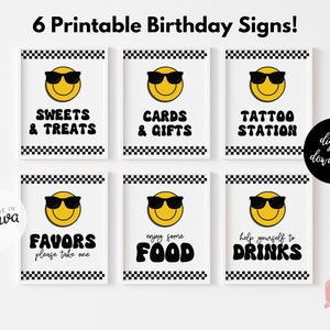 May include: Six printable birthday signs with a retro theme. Each sign features a yellow smiley face wearing sunglasses. The signs read: Sweets & Treats, Cards & Gifts, Tattoo Station, Favors, Food, and Drinks. The signs have a black and white checkered border.