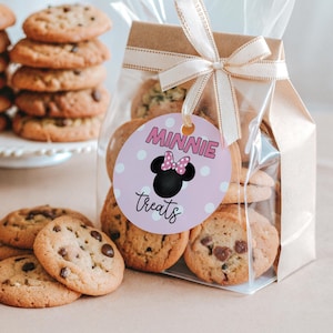 May include: A clear cellophane bag filled with chocolate chip cookies, tied with a beige ribbon and a tag that says "Minnie Treats". Several cookies are scattered in front of the bag, and a stack of cookies sits on a white cake stand.