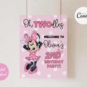 Oh Twodles födelsedagsvälkomstskylt Redigerbar Minnie 2-års födelsedagsskylt Söt mus andra födelsedag Oh Twodles inbjudan Boho flicka Minnie inbjudan bild 4