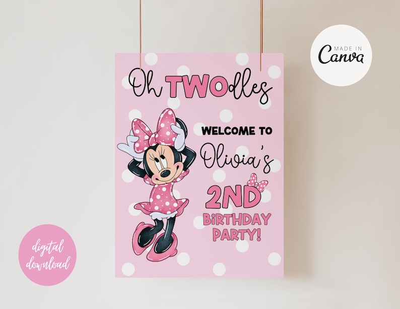 Oh Twodles födelsedagsvälkomstskylt Redigerbar Minnie 2-års födelsedagsskylt Söt mus andra födelsedag Oh Twodles inbjudan Boho flicka Minnie inbjudan bild 4