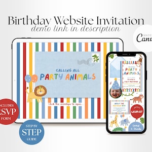 May include: A digital birthday website invitation displayed on a tablet and smartphone. The screen shows a colorful striped background, a blue envelope graphic with the text CALLING ALL PARTY ANIMALS, and a lion illustration with balloons.