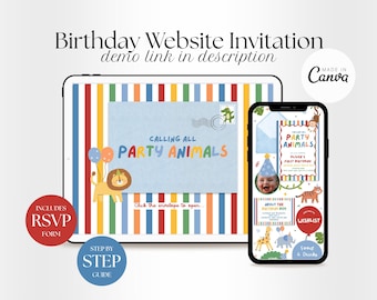 Party Animals Birthday Invitation Website Template, Safari Animals Birthday Invite with RSVP and Wishlist, Digital Boy Canva Website Invite