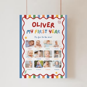 May include: A rectangular poster titled OLIVER MY FIRST YEAR with the subtitle It's fun to be one! The design features a colorful striped border and a wavy red frame. It includes twelve individual baby photographs labeled from 1 to 12 months.