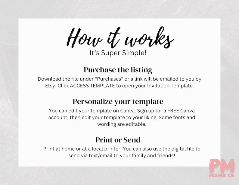 May include: How it works: It's super simple! Purchase the listing, download the file under "Purchases" or a link will be emailed to you by Etsy. Click ACCESS TEMPLATE to open your invitation template. Personalize your template, you can edit your template on Canva. Sign up for a FREE Canva account, then edit your template to your liking. Some fonts and wording are editable. Print or send, print at home or at a local printer. You can also use the digital file to send via text/email to your family and friends!