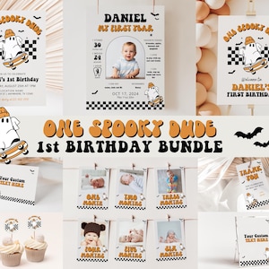 May include: A collection of Halloween-themed birthday party decorations. The design features a ghost character on a skateboard, with the text "One Spooky Dude" and "Daniel's 1st Birthday". Includes invitations, photo displays, cupcake toppers, and thank you tags.