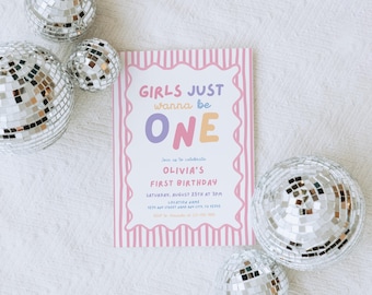 Girls Just Wanna Be One Birthday Invitation, Fun to be One Birthday Party, Colorful Striped First Birthday, Retro Girls 1st Birthday Invite
