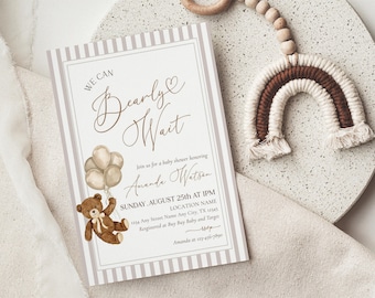 We Can Bearly Wait Baby Shower Invite, Gender Neutral Teddy Bear Baby Shower, Striped Watercolor Teddy Bear Invitation, Boho Baby Sprinkle