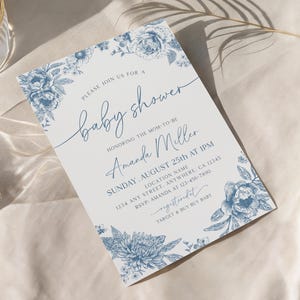 Toile De Jouy Blue Baby Shower Invitation Blue Baby Shower Invite Vintage Elegant Chinoiserie Blue Floral Baby Invitation Boy Baby Shower