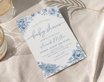 Toile De Jouy Blue Baby Shower Invitation Blue Baby Shower Invite Vintage Elegant Chinoiserie Blue Floral Baby Invitation Boy Baby Shower