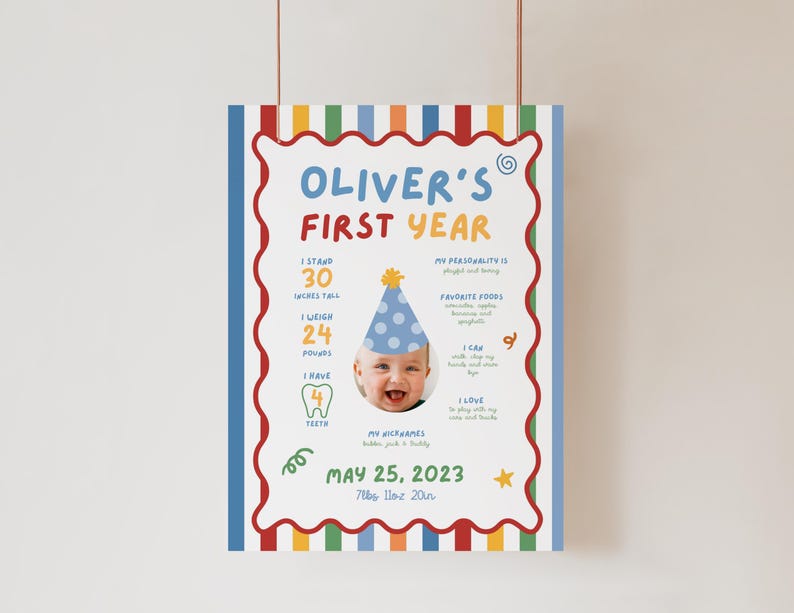 May include: A vertical milestone poster titled Oliver's First Year with a colorful striped border and a scalloped red frame. It features a photo of a baby wearing a blue polka dot party hat, surrounded by text detailing height, weight, and milestones.