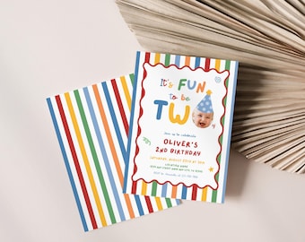 Fun to Be Two Birthday Invitation, Two is Fun Party Hat Birthday Party, Colorful Boy 2nd Birthday Invite, Custom Photo 2nd Birthday Invite