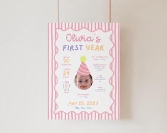 Fun to Be One Birthday Milestone Sign, One is Fun Party Hat First Year Board, Colorful Girl First Birthday Sign, Custom Photo 1st Birthday
