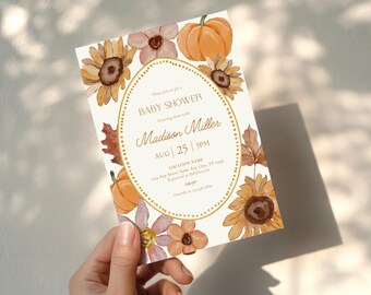 Fall Baby Shower Invitation, Little Pumpkin Baby Shower Invite, Autumn Fall Floral Baby Shower,  Hello Baby Shower, Gender Neutral Shower