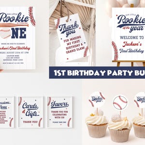 May include: Baseball-themed first birthday party printable bundle with a red, white, and blue color scheme. The bundle includes an invitation, thank you card, welcome sign, concession menu, cards and gifts sign, and favors sign. The signs feature a baseball graphic with the text "Our Little Rookie of the Year" and "Welcome to Jackson's First Birthday".