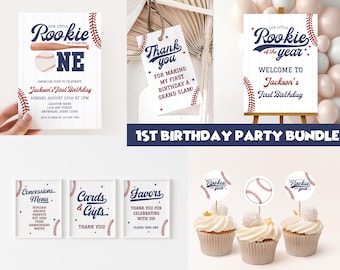 Editable Rookie of the Year First Birthday Bundle Baseball 1st Birthday Boy 1st Birthday Bundle Boy Rookie Year Invite Baseball Theme Party