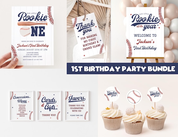 Editable Rookie of the Year First Birthday Bundle Baseball 1st Birthday Boy 1st Birthday Bundle Boy Rookie Year Invite Baseball Theme Party