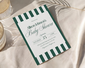 Boy Baby Shower Invitation, Green Striped Baby Shower Invite, Modern Baby Boy Shower, Minimalistic Baby Shower Invite, Old Money Aesthetic