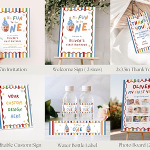 May include: A collection of first birthday party stationery featuring a colorful striped border and the text It's FUN to be ONE. Includes a 5x7in invitation, welcome sign, 2x3.5in thank you tags, 8x10in custom sign, water bottle labels, and photo board.