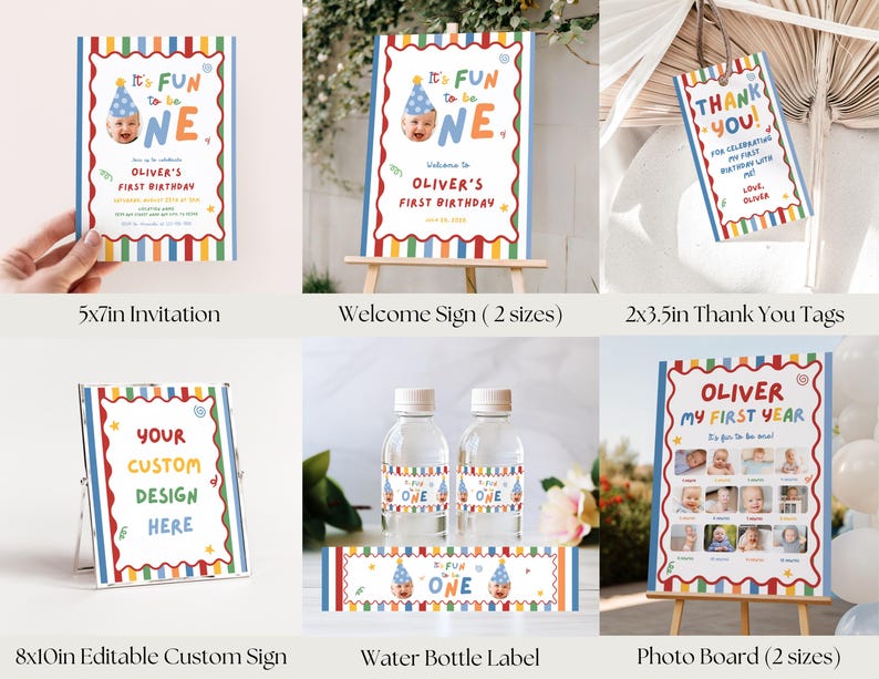 May include: A collection of first birthday party stationery featuring a colorful striped border and the text It's FUN to be ONE. Includes a 5x7in invitation, welcome sign, 2x3.5in thank you tags, 8x10in custom sign, water bottle labels, and photo board.
