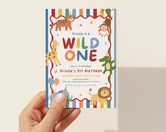 Wild One Birthday Invite, Safari Animals Birthday Party, Editable Colorful Any Age Birthday Invite, Calling All Party Animals, Fun To Be One