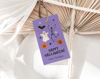 Happy Halloween Gift Tags Printable, Halloween Treat Tags, No Tricks Just Treats, Candy Favor Tags, Editable Name Classroom Halloween Tags