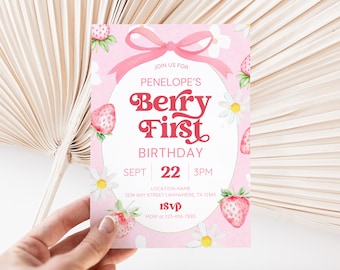 Berry First Birthday Invite, Strawberry 1st Birthday Invite, Pink Bow Girls First Birthday, Boho Strawberry Coquette 1st Birthday Party