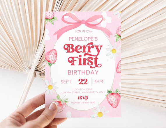 Berry First Birthday Invite, Strawberry 1st Birthday Invite, Pink Bow Girls First Birthday, Boho Strawberry Coquette 1st Birthday Party